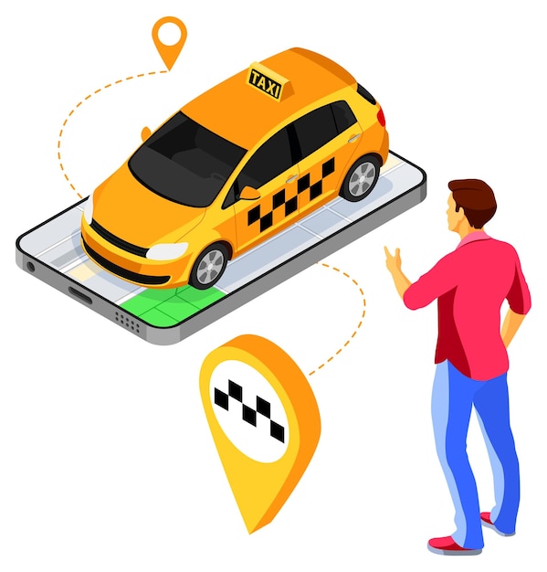 Man bestelt online taxi van smartphone concept met mensen auto kaart en route pin isometrisch pictogram