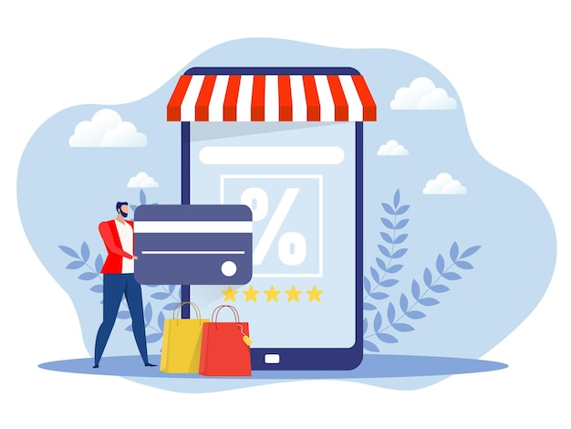 Man betaalt voor aankoop via smartphone flat commerce online shopOnline shopping vector