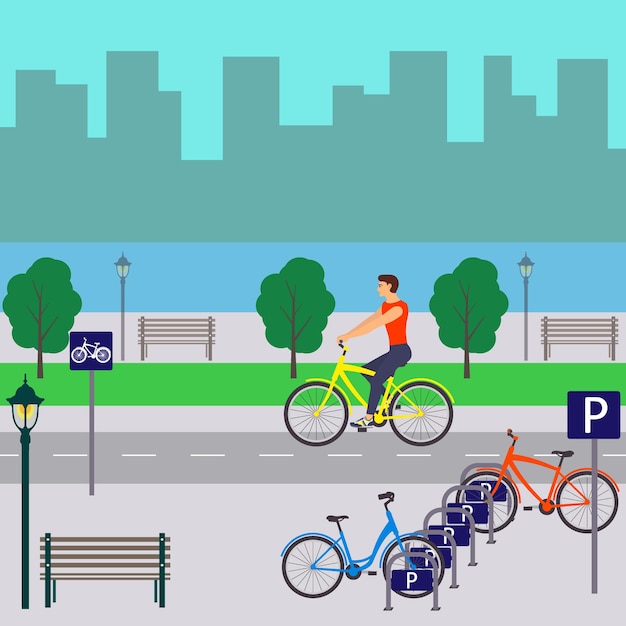 Man on bicycle on city street cyclist in the city flat vector\
illustration