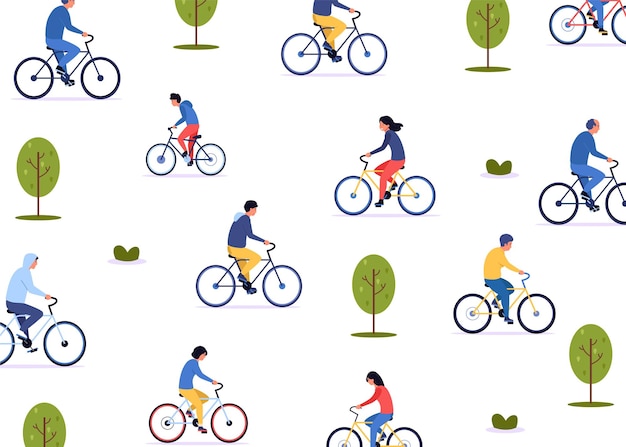 自転車のパターンの男漫画の自転車ライダーとのシームレスなプリントサイクリストとアクティブなレクリエーションとサイクリングのコンセプトベクトルテクスチャ