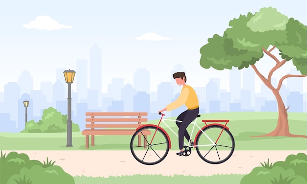 Man on bicycle rides around city. spring or summer landscape.