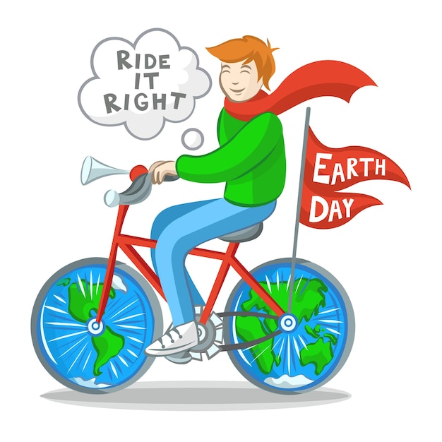 Человек на велосипеде с полушариями Земли вместо колес День Земли 22 апреля векторное изображение