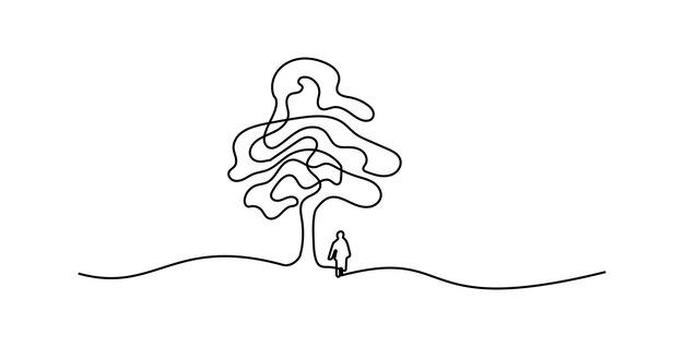 Vettore l'uomo sotto il grande albero oneline continuous single line art editable line