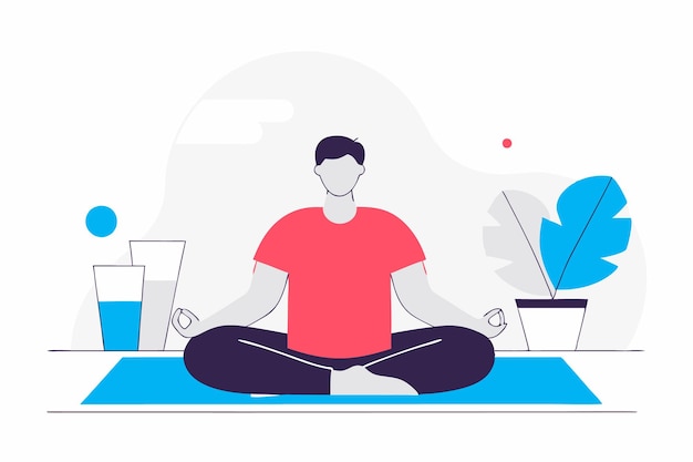 Man bij rustige en vreedzame meditatie beoefening op mat Persoon meditatie in yoga asana Yogi zit in zen lotus positie met de benen gekruist Plat concept illustratie kunst op witte achtergrond