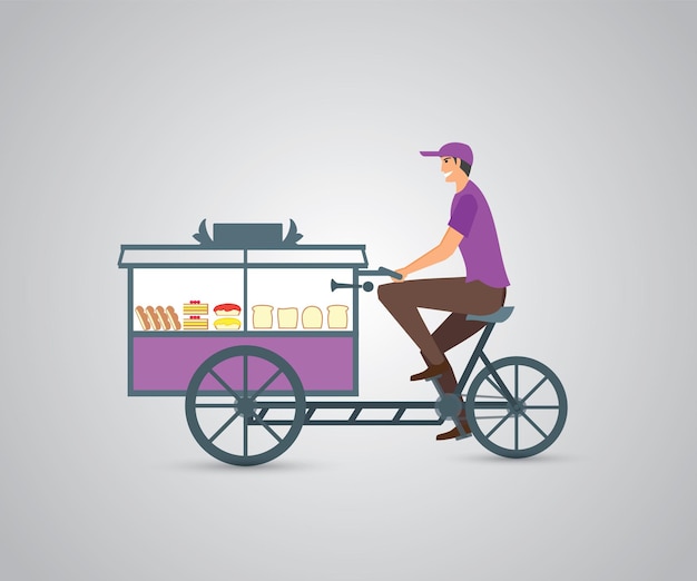 A man on a bike with a cart that says " food " on it.