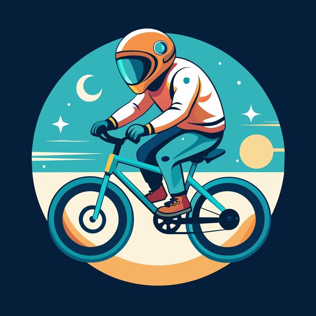 A man on a bike with a helmet on and a moon in the background