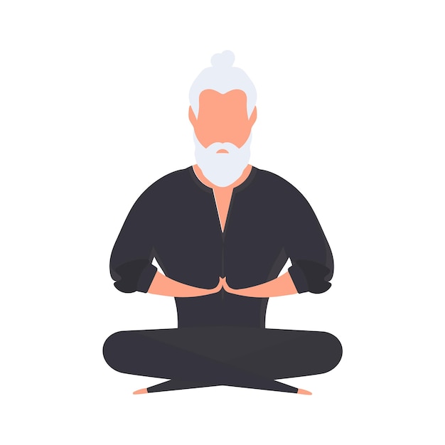 A man in a black kimono meditates. kung fu master. the guy is doing yoga. vector.