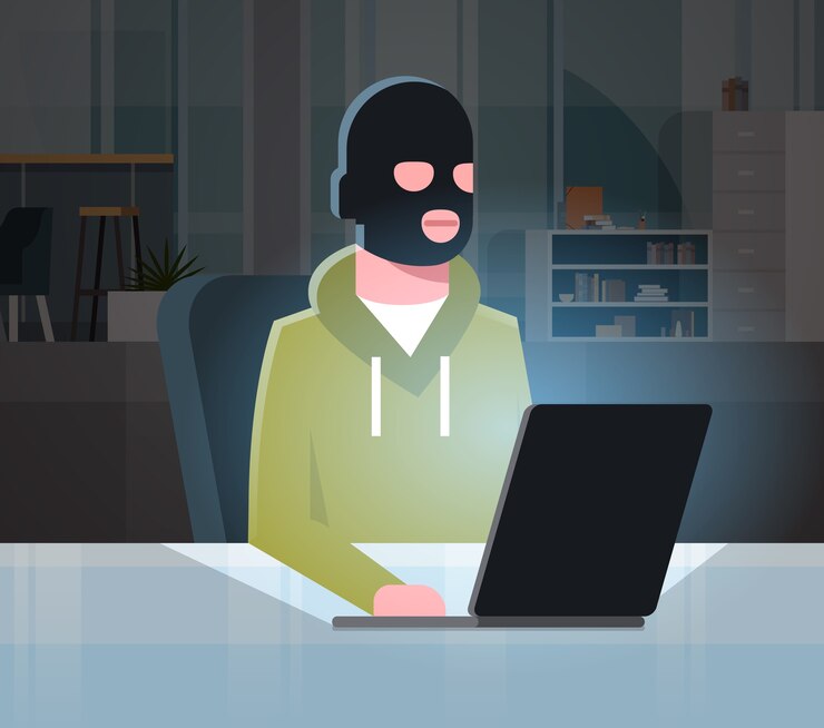 Vector man black mask sitting at computer 