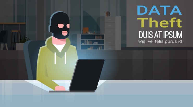 Vector man black mask sitting at computer 