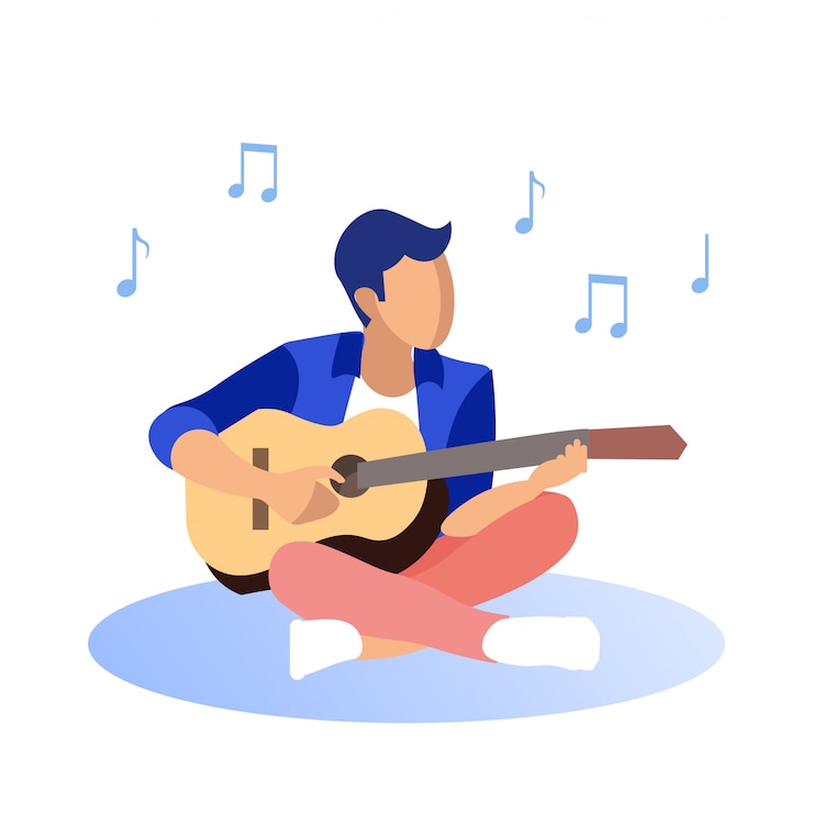 Vector man in blazer playing guitar on white background.