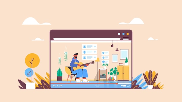 man blogger playing guitar recording online video blog live streaming blogging concept guy vlogger in web browser window living room interior horizontal