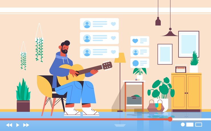 Vector man blogger playing guitar recording online video blog live streaming blogging concept living room interior horizontal