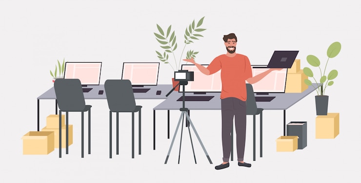 Vector man blogger recording unboxing video with digital camera on tripod live streaming social network blogging concept horizontal full length