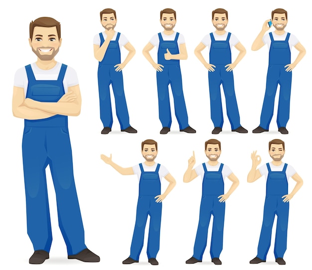 Man in blue overalls set with different gestures isolated