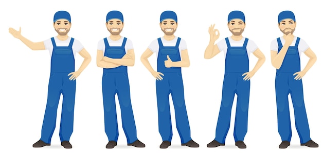 Man in blue overalls set with different gestures isolated