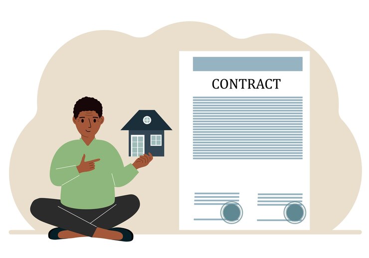 Vector a man on the boat holds a house nearby a big contract real estate transaction concept purchase sale rent or rental house