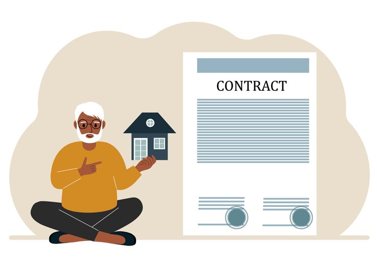 Vector a man on the boat holds a house nearby a big contract real estate transaction concept purchase sale rent or rental house