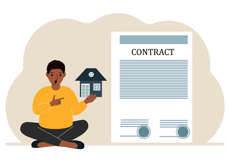 Vector a man on the boat holds a house nearby a big contract real estate transaction concept purchase sale rent or rental house