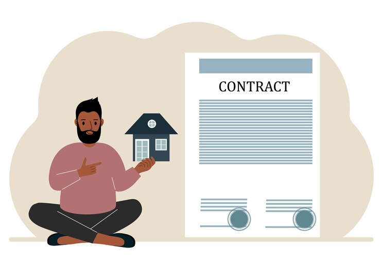 Vector a man on the boat holds a house nearby a big contract real estate transaction concept purchase sale rent or rental house