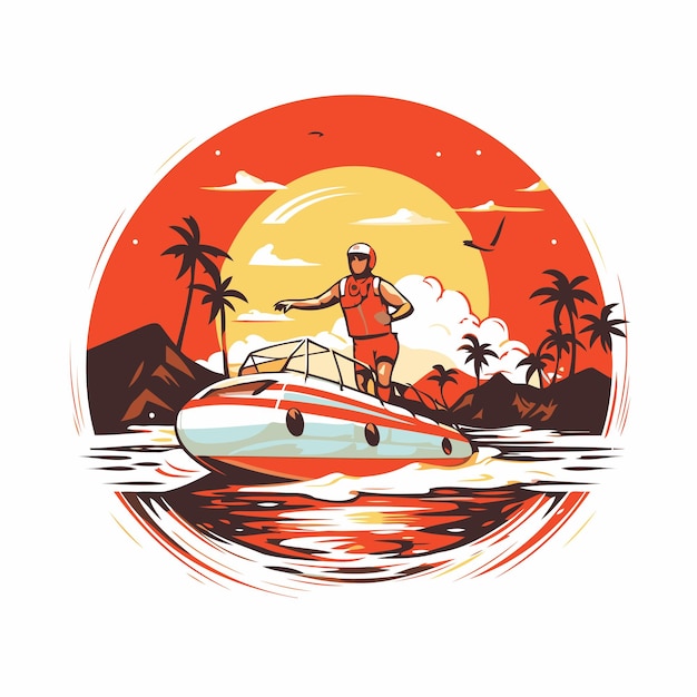 Vector man on a boat in the sea at sunset vector illustration