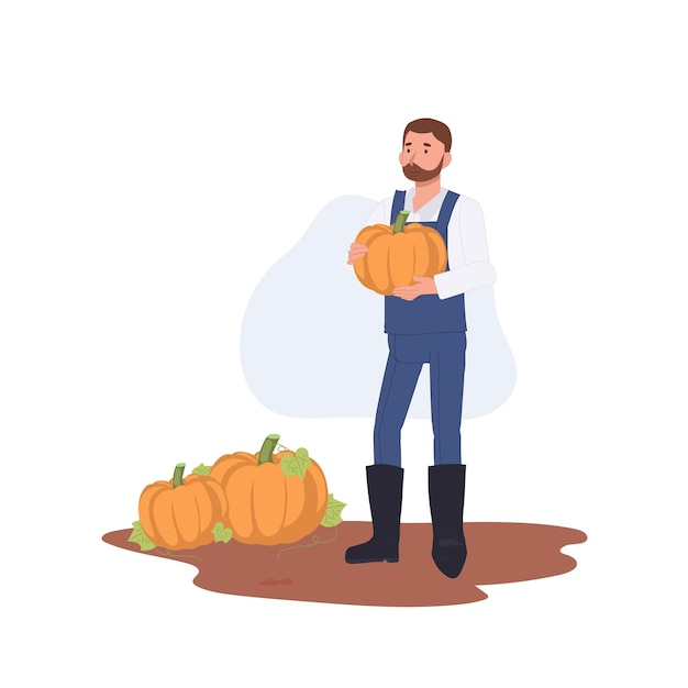 Man boer houden rijpe pompoen tijdens het oogsten in de herfst flat vector cartoon karakter illustratie