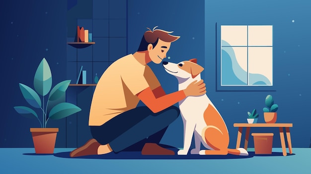 Man bonding with his dog in a cozy home at night