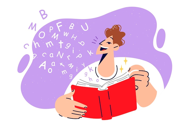 Vector man bookworm holds book while being carried away by reading fiction and stands near flying letters