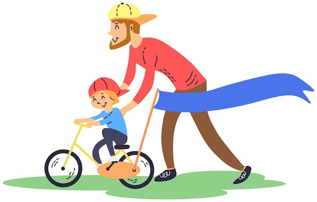 Vettore un uomo e un ragazzo stanno andando in bicicletta e dietro di loro c'è uno striscione per la festa del papà