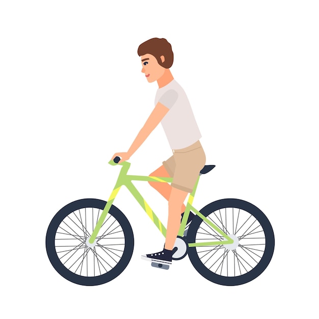 Vector man or boy dressed in casual clothing riding bike