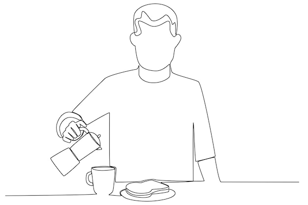 A man breakfast bread and a cup of tea Breakfast oneline drawing