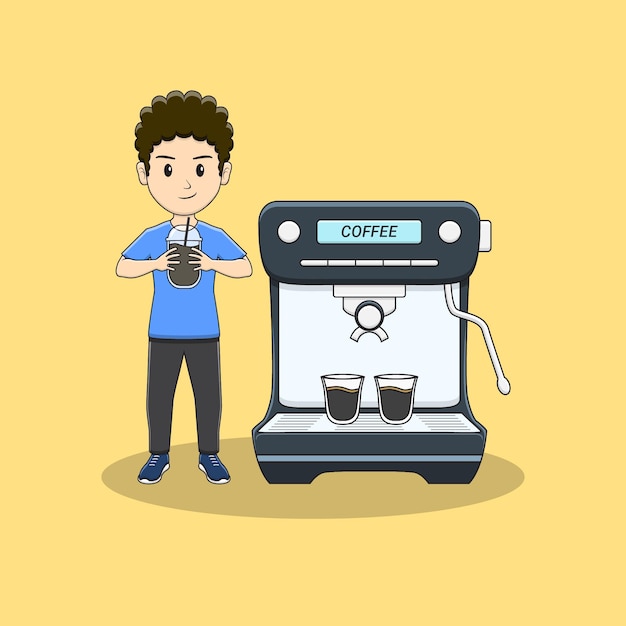 남자는 커피 컵과 커피 기계를 가져옵니다.