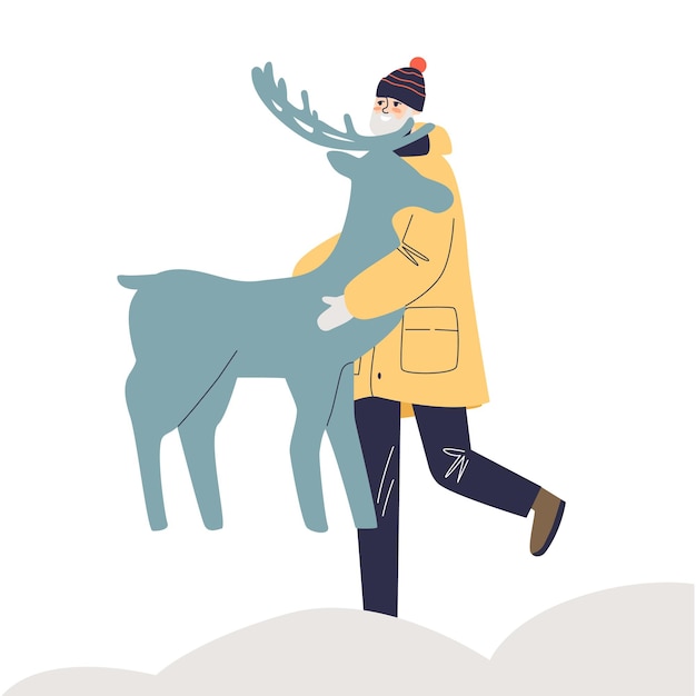 Vector man bringing deer for christmas decoration of house outdoors. male prepare for winter holidays