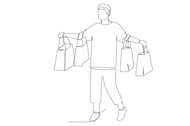 A man bringing four shopping bags line art