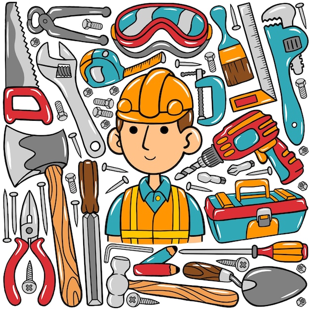 Человек-строитель kawaii doodle vector illustration
