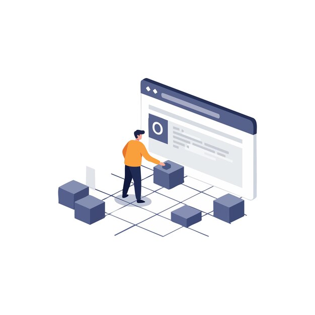 man building digital blocks on computer screen concept for software development and programming vector illustration