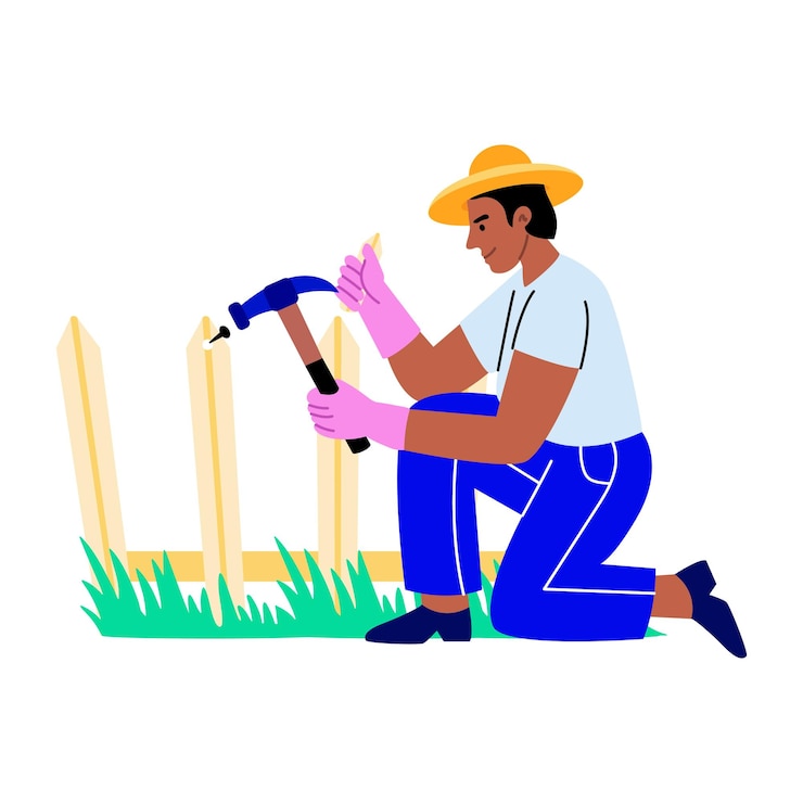 Vector a man building a fence in his yard with a hammer
