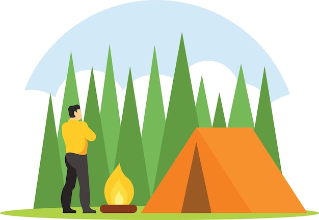 Man Burning Bonfire By The Tent Isolated Background