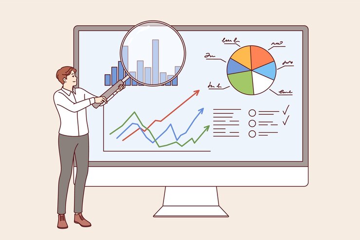 Vector man business analyst demonstrates charts in crm system standing near large computer monitor