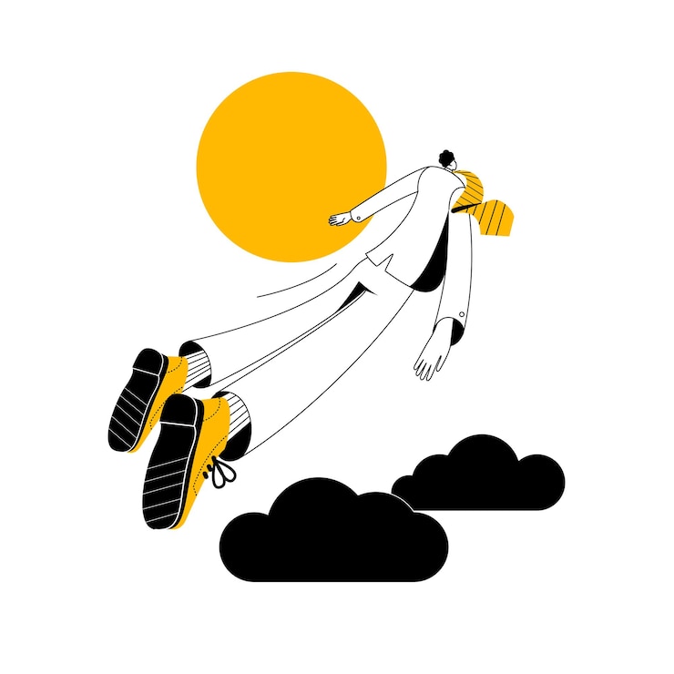 Vector ビジネススーツを着た男が暗い雲から太陽に向かって飛びます