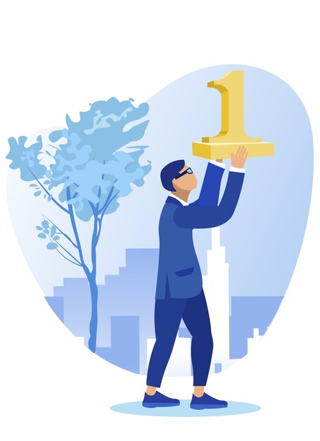 Vector man in business suit holding golden figure one