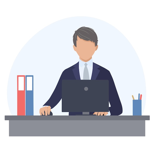 Man in a business suit is working on a computer in the office. Vector illustration in the flat design style.