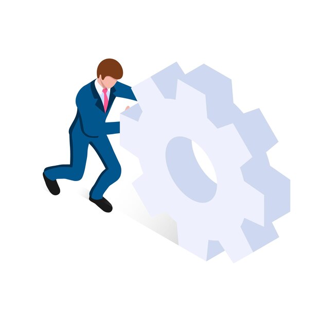 A man in a business suit pushing a gear Vector illustration