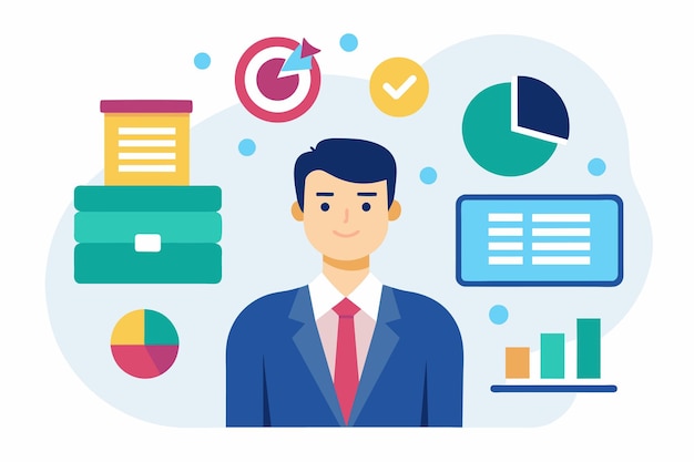 Premium Vector | A man in a business suit stands surrounded by various ...