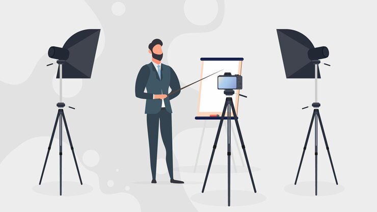Vector a man in a business suit with a tie is giving a presentation to the camera