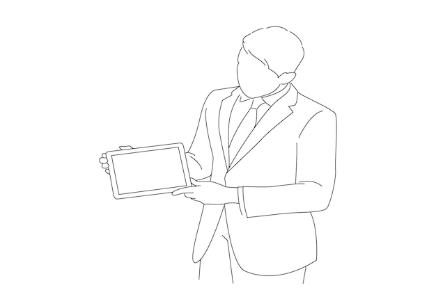 Man in business suit with a tie presents display a tablet Oneline art drawing style