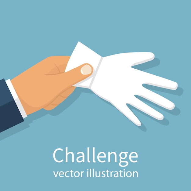 Man businessman holding a white glove in hand to challenge. Strength test. Challenge to duel. Vector illustration flat design. Isolated on background.