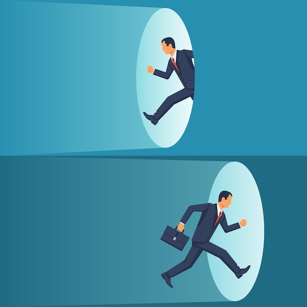 Man businessman runs through the portal. Fantasy teleport. Vector illustration flat design. Isolated on white background.