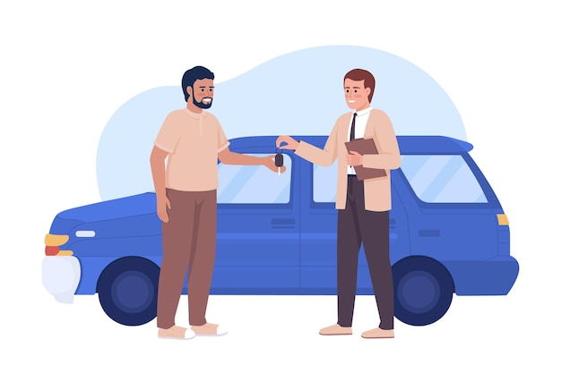 Vector man buying car 2d vector isolated illustration