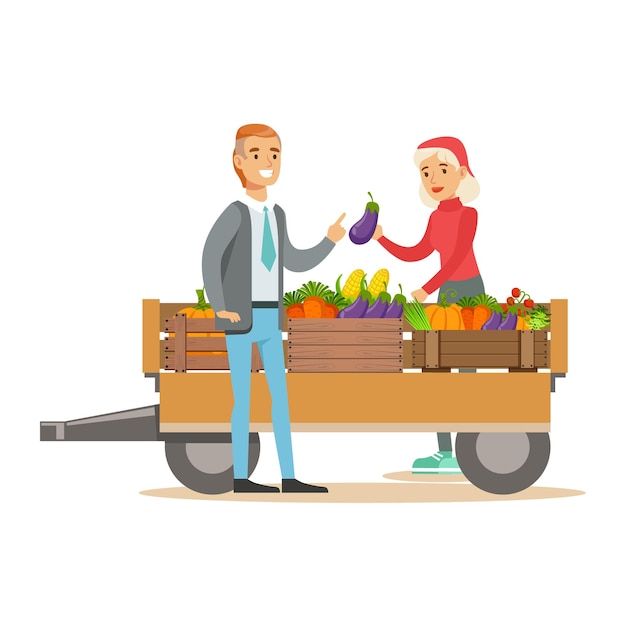 Vector man buying fresh vegetables from woman with farming cart farmer working at the farm and selling on natural organic product market