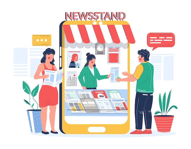 Man buying and woman reading newspaper magazine online in mobile phone newsstand vector flat illustration Digital newsstand concept with male and female cartoon characters news readers